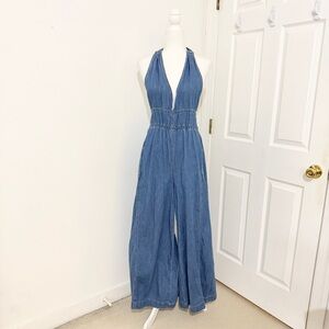 we the free denim halter backless wide leg jumpsuit